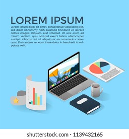Isometric vector illustration with laptop, book and graphs. Office workspace.