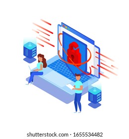 Isometric vector illustration of laptop with a broken lock, small people try to honor a computer. Cyber attack with hacking personal data, launching a cyber virus