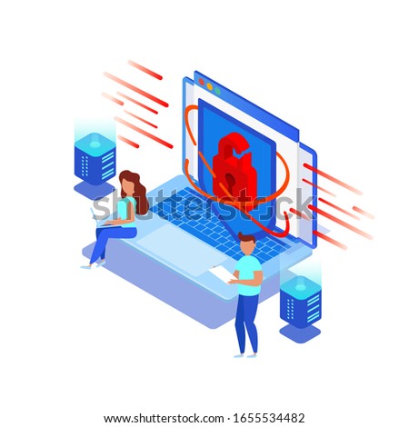 Isometric vector illustration of laptop with a broken lock, small people try to honor a computer. Cyber attack with hacking personal data, launching a cyber virus