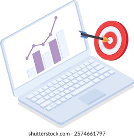 Isometric vector illustration of a laptop displaying a growth chart with an arrow hitting the bullseye of a target. Represents business success, goal achievement, marketing strategy.