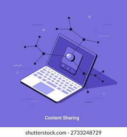 Ilustração vetorial isométrica com Laptop exibindo compartilhamento de conteúdo na rede social. Pós-mídia social e conexão de rede digital. Comunicação global via internet.