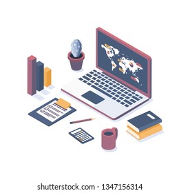Isometric vector illustration. Laptop with elements of infographics. Concept analysis of data, statistics research. Flat style
