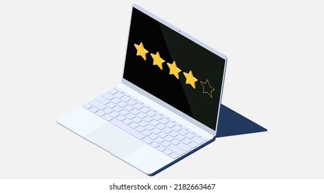 Isometric vector illustration. Laptop with feedback review stars. Five customer survey stars. Four full and one empty