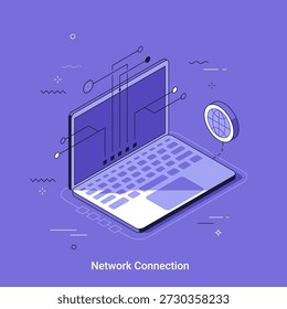 Isometric vector illustration. Laptop with global network connection for worldwide communication. Isometric concept of internet technology and online access.