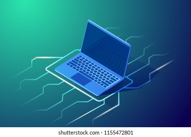 Isometric vector illustration of a laptop. Image in blue colors. Portable personal computer and device.
