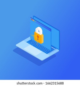 Isometric vector illustration a laptop with a with lock on the screen and a flash drive key. Protect mechanism, system privacy.