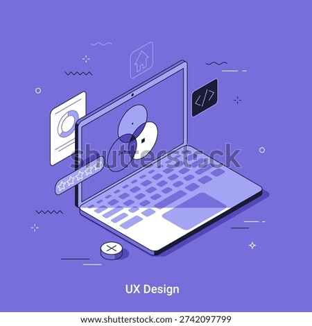 Isometric vector illustration with Laptop on purple background with UI UX interface design elements. Isometric vector thin line drawing concept for user experience web development.