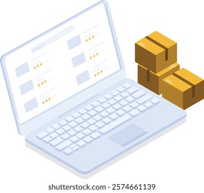 Isometric vector illustration of a laptop showing online product listings with star ratings, next to a stack of cardboard delivery boxes. Perfect for e-commerce, online shopping, delivery services.