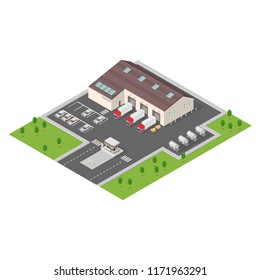Isometric vector illustration of a large warehouse with delivery trucks
Manufacturer storage distribution center.
