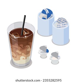 Isometric vector illustration of latte, gum syrup and milk