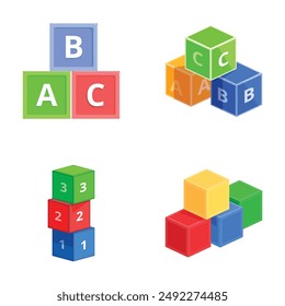 Isometric vector illustration of letter and digit toy blocks in vibrant colors, isolated