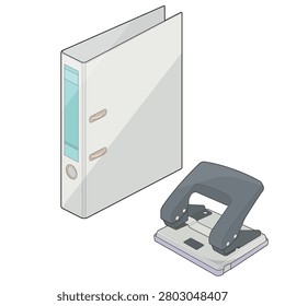 Isometric vector illustration of a lever arch binder folder paired with a two hole paper punch for document filing and office organization. Suitable for business administration, document management, paperwork processing, filing systems, corporate workflow, office supplies, and workplace productivity concepts.