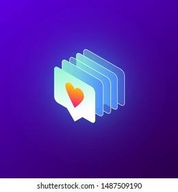Isometric vector illustration of like icon with heart, app interface element. Lots of likes in social media, in a row, graphic concept of social media obsession and addiction. Trendy gradient style.