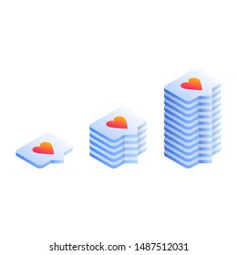 Isometric vector illustration of like icon app interface element laying in piles. Lots of likes in social media,  graphic concept of social media obsession and addiction. Trendy gradient style.