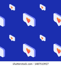 Isometric vector illustration of like icon floating. Endless background. Lots of likes in social media,  graphic concept of social media obsession and addiction. Seamless vector pattern.