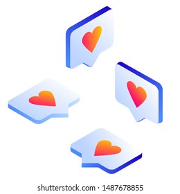 Isometric vector illustration of like icon app interface element in different floating positions. Trendy gradient style with vivid colors. left, right, up and down button notifications.