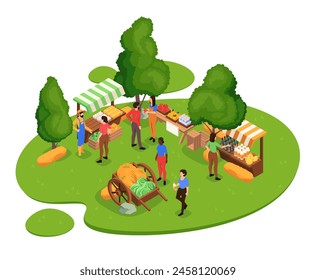 Isometric vector illustration of a lively farmers market scene with people and stalls, set against a green background, depicting a farmers market concept