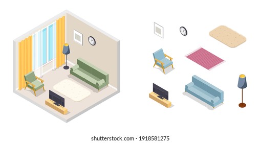 Isometric vector illustration, living room, set of interior element, furniture