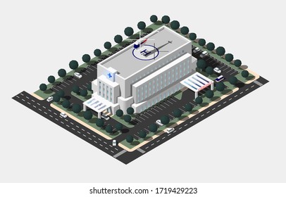 Imagen vectorial isométrica de un edificio hospitalario de baja altura en blanco y gris, en estilo art deco arquitectura. 