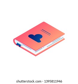 Isometric vector illustration of lying paper book or diary with hardcover and bookmark.