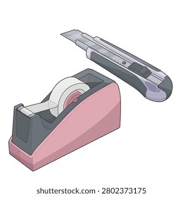 Isometric vector illustration of a mailroom concept featuring a tape dispenser and utility knife. Perfect for shipping, packaging, parcel preparation, warehouse operations, logistics, fulfillment, office supplies, mailing services, and business workflow.