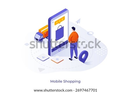 Isometric vector illustration for making online payment on smartphone via mobile application for internet shopping and express delivery service. E-commerce concept.