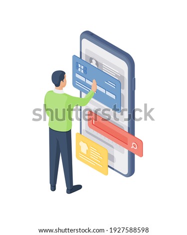 Isometric vector illustration of male customer entering credit card credentials into smartphone while searching and buying clothes in online shop