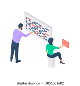 Isometric vector illustration male and female working together and developing software on white background while showing concept of programming
