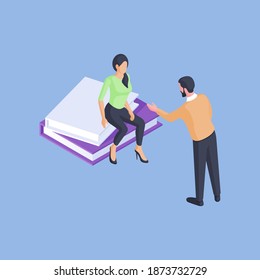 Isometric vector illustration of male tutor lecturing smart female student sitting on books during university studies against bright blue background