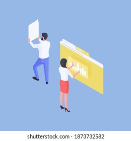 Isometric vector illustration of male worker reading paper near female colleague analyzing online graph during work in office on blue background