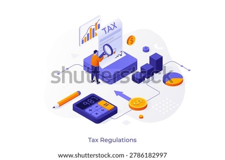 Isometric vector illustration with Man accountant using magnifying glass to audit tax document. Financial expert analyzing business data with isometric calculator and charts. Accounting, tax return and compliance management.
