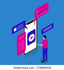 Isometric vector illustration the man and big screen of phone. Notes, messages, chat, video button. Concept of online learning, communication, gadget addiction. 
The smartphone controls the person