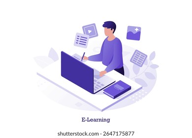 Ilustração vetorial isométrica com o homem envolvido em e-learning usando um laptop. Aluno escrevendo anotações enquanto estuda online. Educação on-line e conceito de ensino à distância.