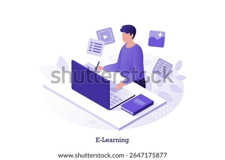 Isometric vector illustration with man engaged in e-learning using a laptop. Student writing notes while studying online. Online education and distance learning concept.
