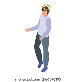 Isometric vector illustration of a man immersed in a virtual reality experience, with a vr headset