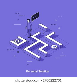 Ilustração vetorial isométrica com o homem navegando em um labirinto com uma bolha de fala mostrando uma seta para a esquerda, simbolizando a resolução de problemas e encontrando solução pessoal na arte vetorial de linha fina isométrica.