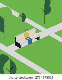 Ilustración vectorial isométrica de un hombre sentado solo en un banco del parque en un cruce de caminos, rodeado de árboles, que simboliza la toma de decisiones, las elecciones de la vida, la reflexión y la dirección.