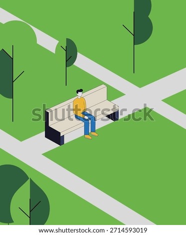 Isometric vector illustration of a man sitting alone on a park bench at a crossroads of walking paths, surrounded by trees, symbolizing decision-making, life choices, reflection, and direction.