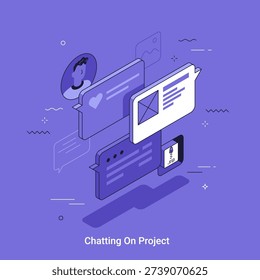 Isometric vector illustration with a man talking on a digital chat represented by isometric speech bubbles and user profile. Online communication and project discussion concept.
