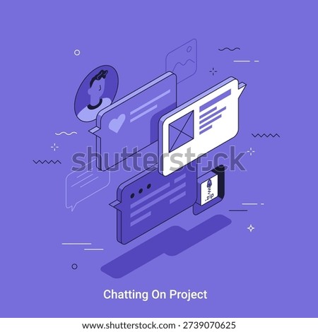 Isometric vector illustration with a man talking on a digital chat represented by isometric speech bubbles and user profile. Online communication and project discussion concept.