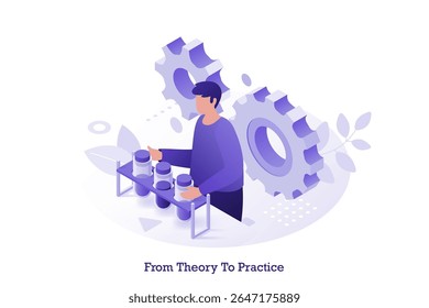 Isometric vector illustration with man with test tube rack standing next to gears. Science education or research concept. Chemical experiment for online course.
