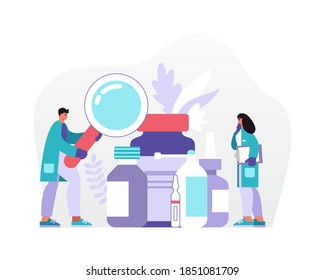 Isometric vector illustration of a man and woman in medical uniform using magnifying glass to inspect containers of various medications in hospital