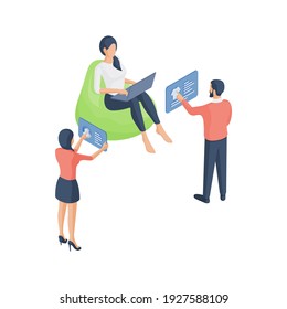 Isometric vector illustration of man and women using laptop and browsing personal account and online shop page in social media