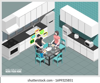 Isometric vector illustration of a man working from his kitchen's home. Accompanied by his wife and son.