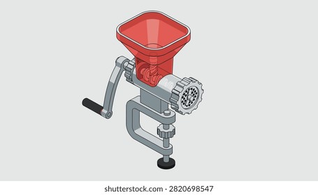 Isometric vector illustration of a manual metal meat grinder with a red hopper, perfect for home cooking and kitchen utensil design.
