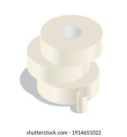 Isometric vector ilustración enmascarar rollos de cinta aislados en fondo blanco. Icono de rollo de cinta adhesiva de aislamiento realista al estilo de dibujos animados planos. Cinta adhesiva para rollos de secado para embalaje, reparación, renovación