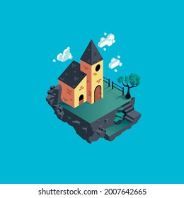 Isometric vector illustration of a medieval tower house castle on a floating island