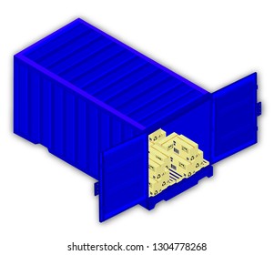 Isometric vector illustration of a metal container for logistics and transportation shipments with cardboard boxes with markings on pallets, and white background