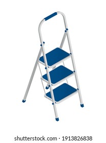 Isometric vector illustration metal and plastic foldable stepladder with wide steps isolated on white background. Realistic colorful household aluminum step ladder icon in flat cartoon style.