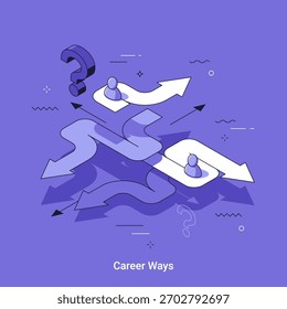 Ilustración vectorial isométrica, metáfora para tratar de elegir el camino de la carrera en el camino confuso con signo de interrogación. Toma de decisiones empresariales y concepto de estrategia para el desarrollo profesional.